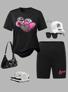 SHEIN Conjunto de camiseta suelta de color rosa rojo con corazón + leggings versátil y casual para fiesta del Día de San Valentín para niña preadolescente