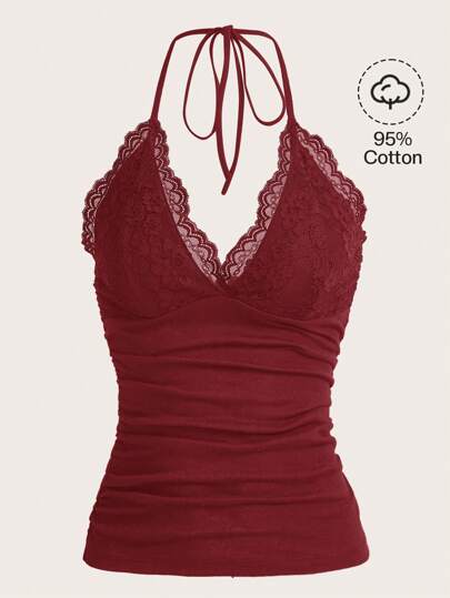 Contrast Lace Ruched Halter Top