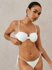 SHEIN Swim 2pcs White Pearl Embellished Soft Cup Halter Crop Top And Low Rise Bikini Bottoms Sexy Swimsuit Set, Summer - White - View 4