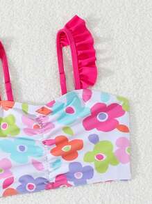 年轻女孩花卉印花荷叶边泳衣套装（含罩衫和迷你裙）