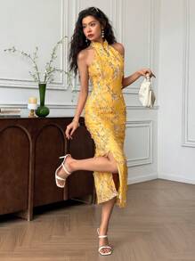 EastFlair 女式优雅夏季花卉贴花开叉连衣裙 - 黃色 - 查看 6