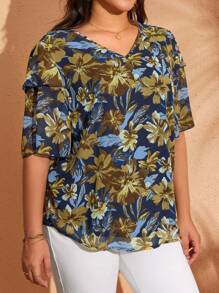 EMERY ROSE 大码女式花卉印花V领短袖休闲衬衫