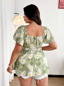 Flirla 大码女式夏季前系带松紧腰A字印花短袖衬衫 - 彩色 - 查看 2