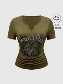 ROMWE Fairycore 女士时尚夏季复古印花基本款 T 恤，学校 - 灰色 - 查看 1