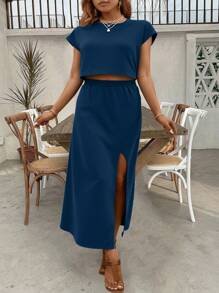 Breezaya Conjunto de 2 piezas de talla grande, blusa de manga corta y cuello redondo + falda, unicolor