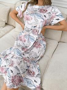 SHEIN 满花印花生菜下摆休闲女式睡袍，Moo Moo - 杏色 - 查看 3