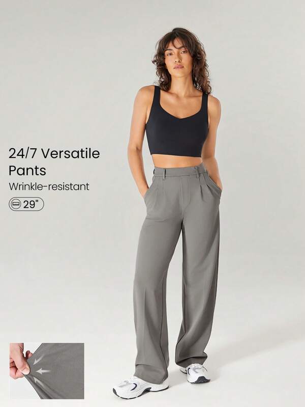 GLOWMODE 29" Versatile Wrinkle-Resistant Stretchy Easy Pull-On Tailored Wide Leg Work Pants With Side Pockets Daily Casual Office