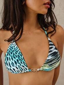 SHEIN Swim Conjunto de bikini triangular de colores con cinta en el cuello y cordones a los lados para mujer, ideal para vacaciones en la playa