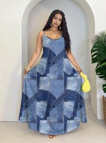 Slaydiva Music Festival Casual Simple Versatile Denim Effect Patchwork Pattern Print Plus Size Dress Suitable For Summer