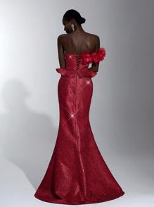 Elitara Women's Red Strapless Formal Dress With 3D Flower Decor And Tie-Back Design, Fashion Evening Gown - Red - View 5
