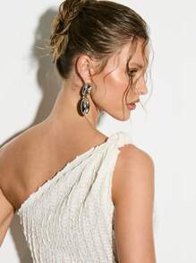 KIZN 单肩罗纹针织迷你连衣裙，适合派对、晚间俱乐部穿着，适合个性链条耳环，适合紧身晚间外出度假 - 卡其色 - 查看 8