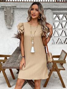 EMERY ROSE Women's Solid Color Ruffle Sleeve Round Neck Casual Loose Mid-Length Dress