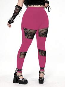 Whyspr Dark Punk Goth Style Versatile Hollow-Out Lace Patchwork Elastic Leggings - Hot Pink - View 3