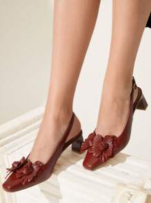 CUCCOO CHICEST Women's Retro Vintage Pu Leather Sandals With 3D Flower Decor, Elegant Square Toe Block Heel Pumps, Suitable For Date, Afternoon Tea, Garden Party, Burgundy Color - Red - View 3