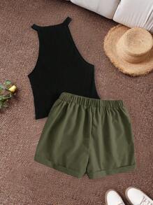 CosyJoli Conjunto de top halter y shorts negro ligeramente transparente de dos piezas, ropa de mujer de talla grande para vacaciones de verano, estilo tropical, carnaval, festivales, casual de negocios, playa