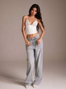 TRNVIE Áo ba lỗ bó sát ren tương phản cho nữ - trắng - Xem 4