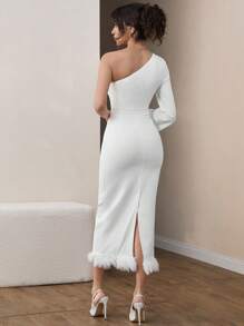 CLARA VERO ONE SHOULDER FEATHER CUFF & HEM SHORT DRESS - White - View 2