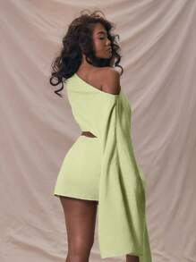 MUSERA Slash Neck Extreme Flare Sleeve Oversized Linen Cropped Top Summer Holiday Beach Cover Up Ibiza - Green - View 4