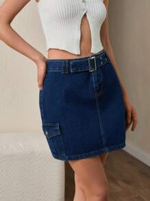 CLARA VERO Women'S Utility Denim Skirt With Belt - Medium Wash - View 6