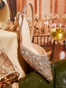 CUCCOO TILAWA 尖头高跟水钻香槟色闪光性感派对婚鞋，细高跟香槟色女式浅口鞋，露背女式一脚蹬高跟鞋 - 香檳色 - 查看 5