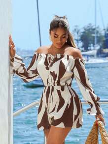 SHEIN SXY Bộ đồ liền thân hở vai họa tiết cọ vẽ cho nữ, trang phục đi nghỉ cho phụ nữ, trang phục mùa hè cho phụ nữ, bộ đồ liền thân mùa hè cho phụ nữ, trang phục đi biển cho phụ nữ, đi chơi, trang phục đi du ngoạn - màu nâu - Xem 5