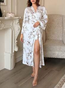 DAZY Floral Print Satin Long Robe For Women Pajama - White - View 4