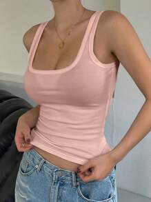 DAZY Women's Solid Color Round Neck Ribbed Fitted Casual Tank Top Preppy Tops - Pink - View 3