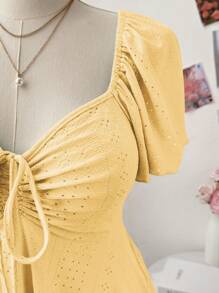 Sweetra Women's Plus Size Square Collar Flutter Sleeve Textured Blouse, Casual Cute & Elegant A-Line T-Shirt - Yellow - View 4