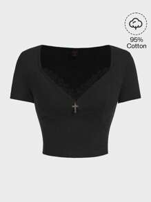 ROMWE Goth 蕾絲拼接T恤