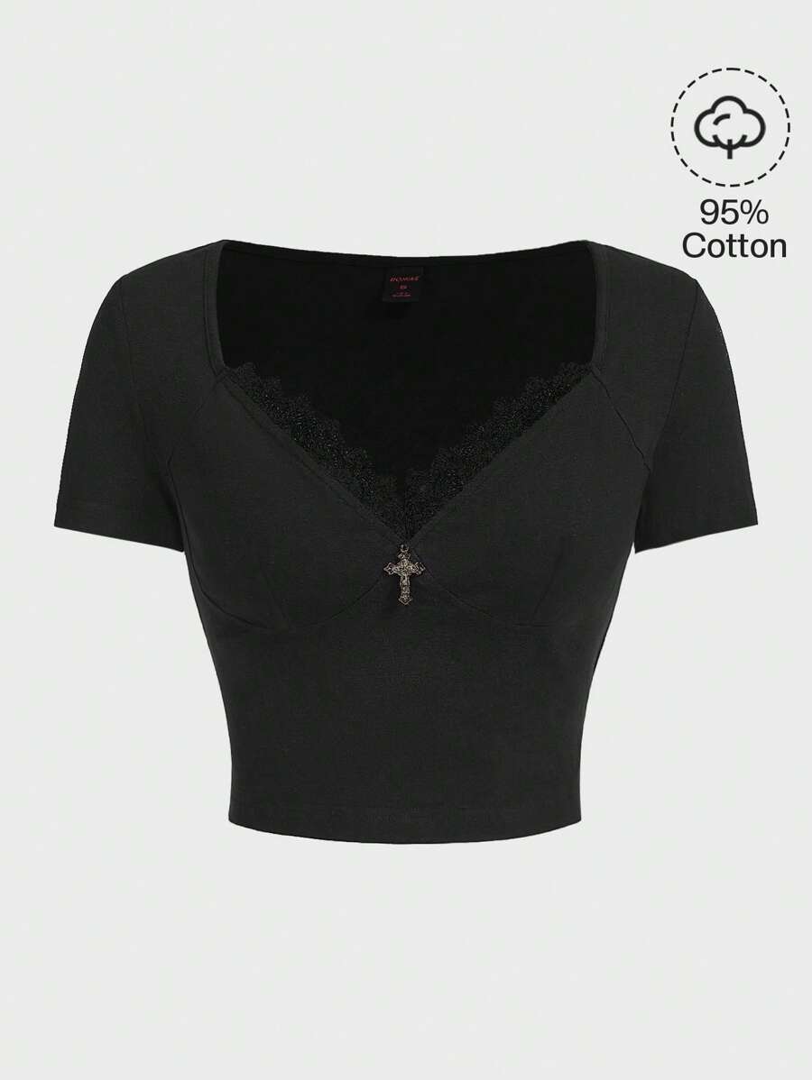 ROMWE Goth 蕾絲拼接T恤