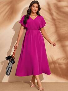 EMERY ROSE 夏季大码优雅纯色收腰连衣裙 - 中紫紅色 - 查看 6