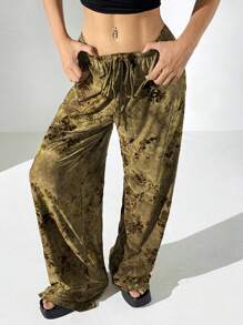 SHEIN EZwear Summer Rave Women Retro Flocked Long Pants - Yellow - View 3