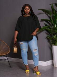 SHEIN CURVE+ Blusa de encaje y parches de talla grande para mujer, casual de verano, para la playa, vacaciones en la playa, esenciales de playa, graduación, fiesta del té - Negro - Ver 3