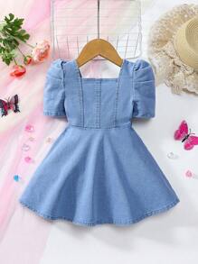 Elladie kids Denimly 女婴休闲都市浅色水洗牛仔连衣裙，粉色蝴蝶和心形泡泡袖 - 中等水洗藍 - 查看 2