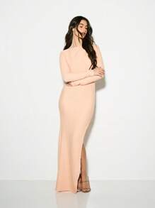 KIZN Robe de soirée longue dos nu à manches longues texturée, robe maxi de soirée glamour à col montant, fente latérale, moulante au sol, pour occasion spéciale, invitée de mariage - Orange - Voir 1