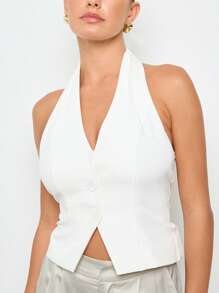 AiiRZ 优雅修身露背马甲前开扣背心上衣专业商务正式派对晚会办公室夏季无袖修身短款腰部 - 白色 - 查看 4