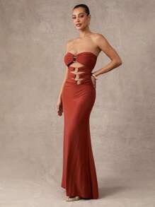 Silquee Robes longues de haute qualité pour femmes, robes de remise des diplômes pour femmes, robes orange rouges, design découpé, robes longues à décorations métalliques multiples, robes de soirée sexy, été, vêtements d'été pour femmes, tenue d'été - Acajou - Voir 6