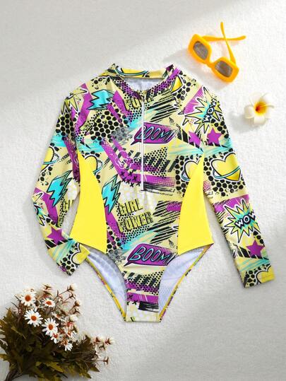 Tween Girl Resort Beach 印花拼布连体泳衣