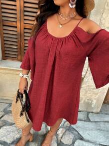 SHEIN Holidaya Plus Size Casual Round Neck Ruched Slit Flare Sleeve A-Line Dress - Red - View 5