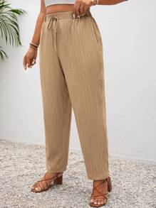 SHEIN Frenchy Plus Size Vacation Solid Color Knotted Casual Pants With Pockets - Camel - View 6