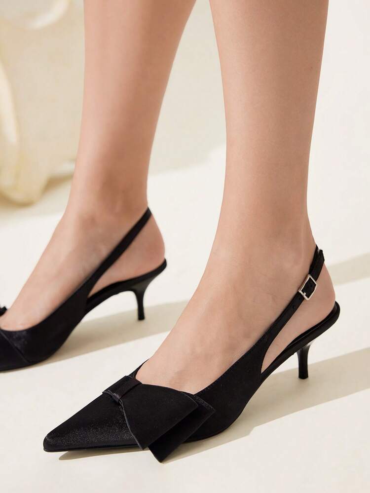 CUCCOO CHICEST Black Satin Pointed Toe Elegant Fashion Kitten Heel Pumps, 5.5cm Heel Height