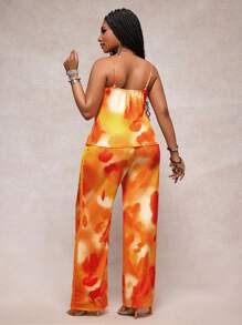 Slaydiva 2025 New Spring/Summer Plus Size Women 2 Pieces Set: Orange Tie Dye Camisole Top With Adjustable Straps And Elastic Waist Fringed Straight-Leg Pants For Beach, Date, Party, Casual - Multicolor - View 2