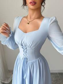 Modelyn 法式优雅收腰夏季连衣裙，简约时尚 - 藍色 - 查看 5