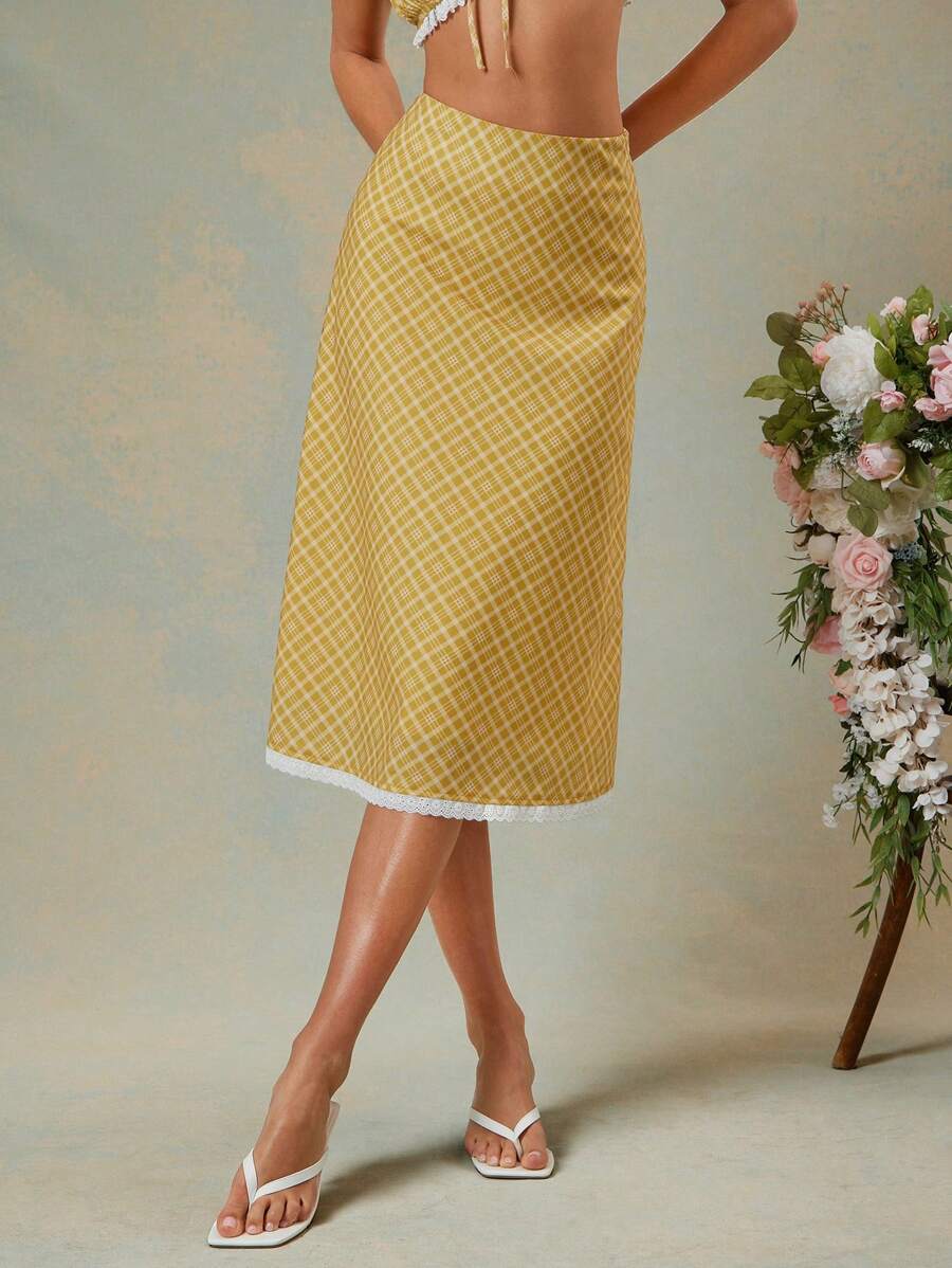 L'Amorae Lace Trim Hem Gingham Print Midi Skirt - Mustard Yellow - View 1