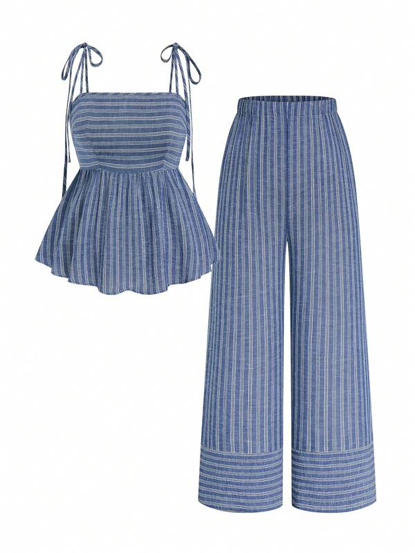 SHEIN VCAY Conjunto de 2 piezas de talla grande para mujer con camisola atada estilo campestre de rayas azules y pantalones sueltos, para vacaciones y primavera/verano, de estilo minimalista casual
