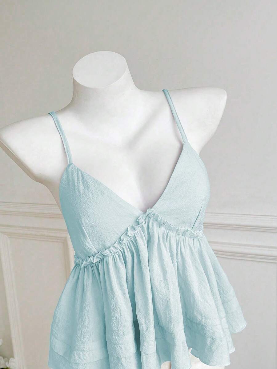 Elamini Women's Summer Solid Color Texture Ruffle Hem Camisole - Baby Blue - View 1