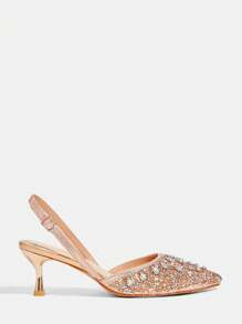 CUCCOO TILAWA 尖头高跟水钻香槟色闪光性感派对婚鞋，细高跟香槟色女式浅口鞋，露背女式一脚蹬高跟鞋 - 香檳色 - 查看 7