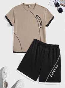 2 件青少年男童休闲短袖短裤套装，街头潮流朋克摇滚校园风格，适合日常、派对、音乐节，适合春夏季