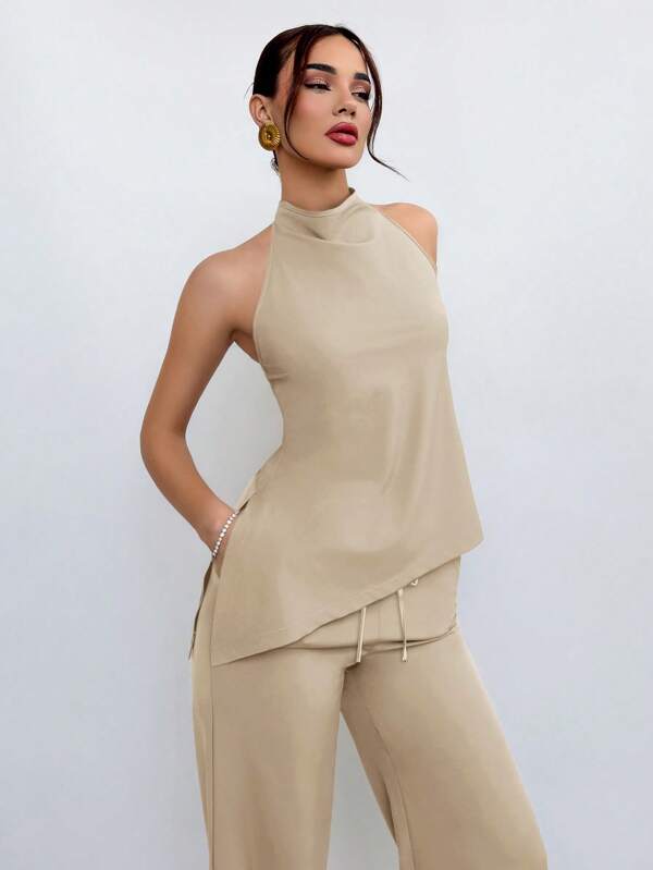 Aloruh Conjunto de pantalones y blusa de cuello alto asimétrico para mujer
