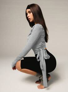 Athîral Women's Casual Knitted Wrap Crop Top: Light Grey Asymmetrical Neckline With Long Sleeves And A Stylish Tie Detail - Light Grey - View 4